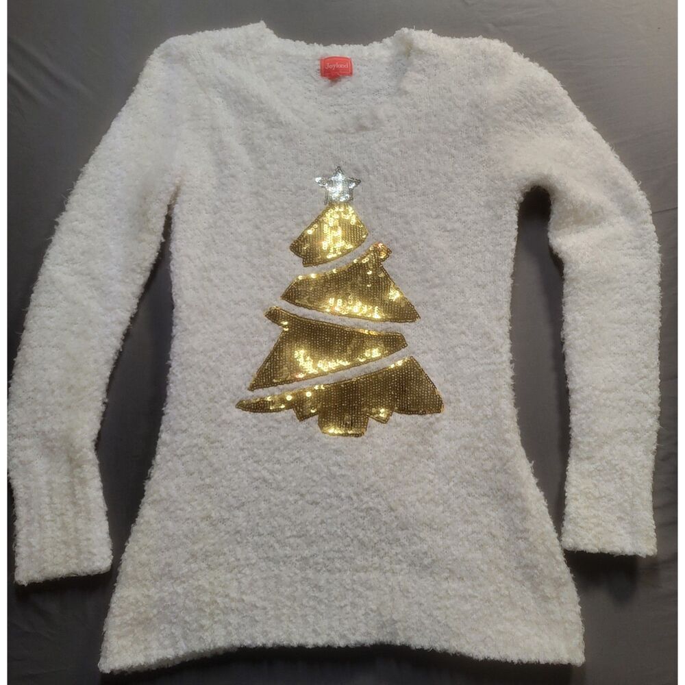 Joyland Womens XL White Fuzzy Eyelash Knit Gold Sequin Christmas Tree Sweater